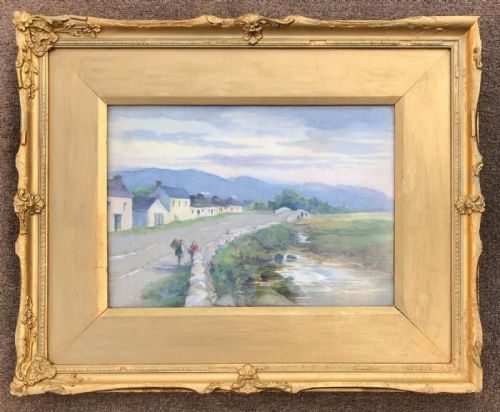 fig 1. Irish School Original Early 20th Century Antique Watercolour Painting on Linen County Cork Ireland Village Landscape