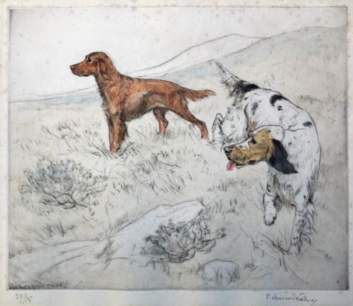 After George Vernon Stokes Signed Limited Edition No 39/75 Etching of Hunting Dogs on English Moorland