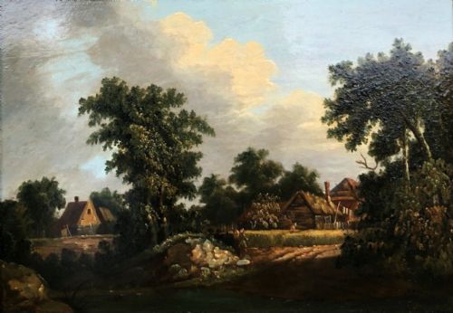 Attributed to Patrick Nasmyth Original Early 19th Century Signed Antique Oil Painting on Wood Panel Farm & River English Landscape