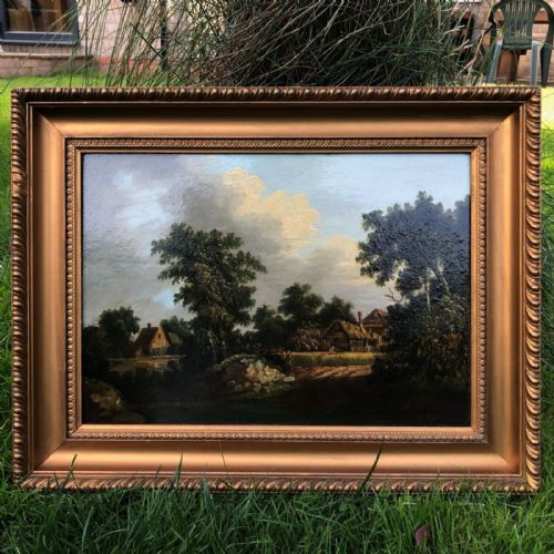 fig 1. Attributed to Patrick Nasmyth Original early 19th Century Signed Antique Oil Painting on Wood Panel Farm & River English Landscape