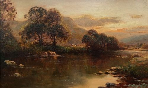 Ada Stone Signed Original 19th Century Antique Oil Painting on Panel Sunset River English Landscape