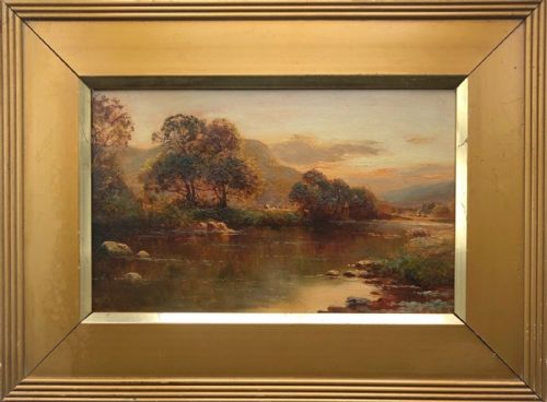 fig 1. Ada Stone Signed Original 19th Century Antique Oil Painting on Panel Sunset River English Landscape