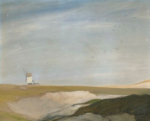 Cecil Arthur Hunt Original Early 20th Century Vintage Watercolour Painting Windmill on Coast English Landscape