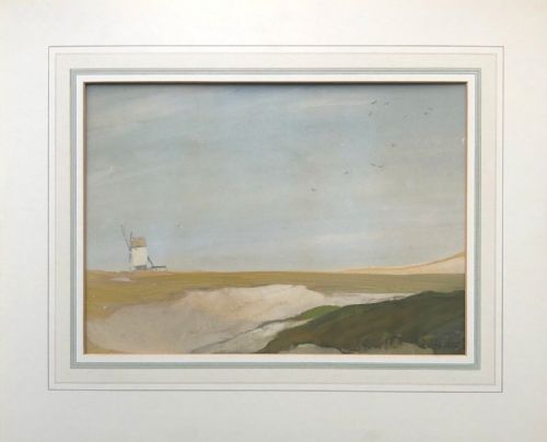 fig 1. Cecil Arthur Hunt Original Early 20th Century Vintage Watercolour Painting Windmill on Coast English Landscape