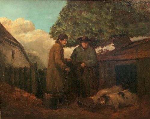 fig 1. Circle of George Morland Original Late 18th Century Antique Oil Painting on Canvas Pig Farmers Farmyard Scene English Landscape