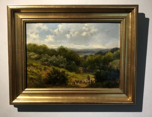 fig 1. Attributed to Thomas Creswick Signed TC Original mid 19th Century Antique Oil Painting on Canvas Moving Sheep, English Landscape
