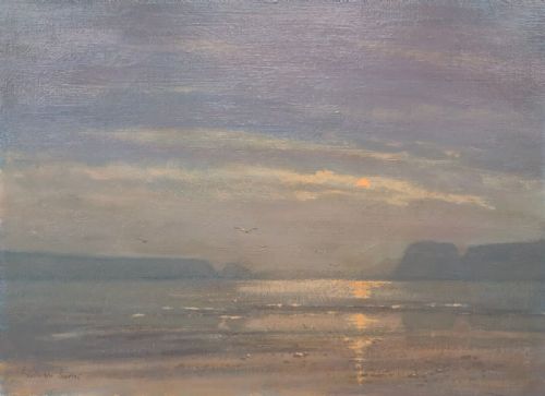William Burns Signed Original Mid 20th Century Vintage Oil Painting on Board Tenby South Wales Sunset British Coastal Landscape