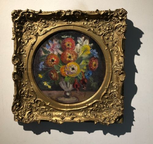 fig 1. Signed MANET Original Early 20th Century Antique Oil Painting on Board Still life flowers in a vase in an Old Ornate Decorative Gilt Frame