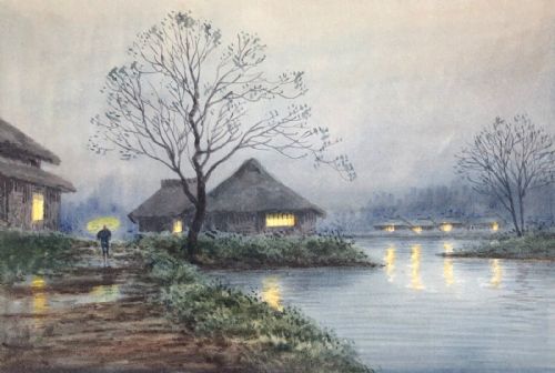 Japanese School Original Early 20th Century Antique Watercolour Painting Night Time Lake Landscape