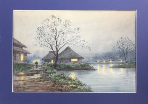 fig 1. Japanese School Original early 20th Century Antique Watercolour Painting Night Time Lake Landscape