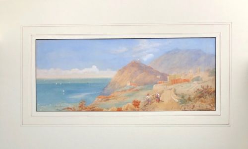 fig 1. A nineteenth-century watercolour painting depicting an Italian coastal landscape with mountains, a hilltop fortress, figures on a path, and sailboats on blue sea.