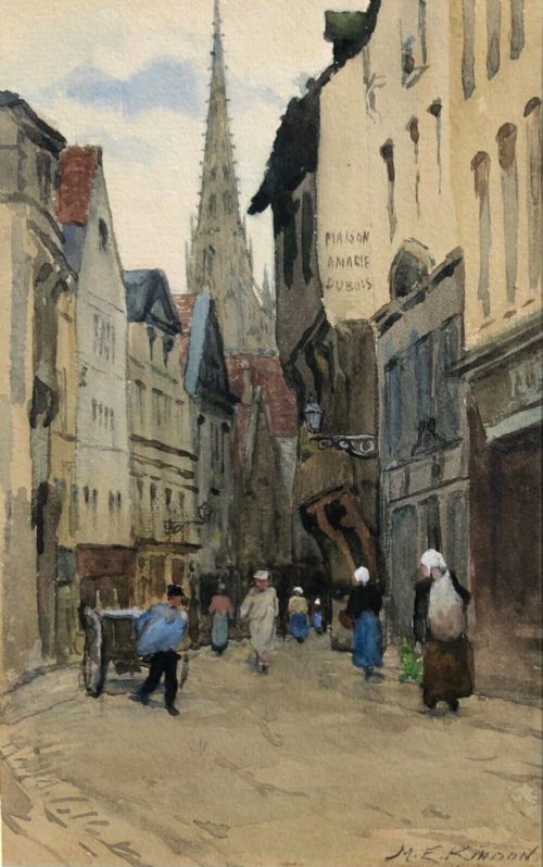Mary Evelina Kindon Signed Original Circa Late 19th Century Antique Watercolour Painting French Street Scene