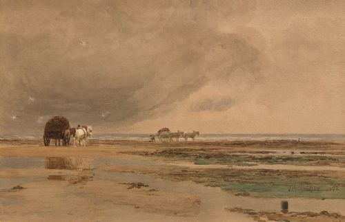 John Macpherson 1892 Signed Original 19th Century Antique Watercolour Painting Seaweed Gathers at the Coast English Landscape