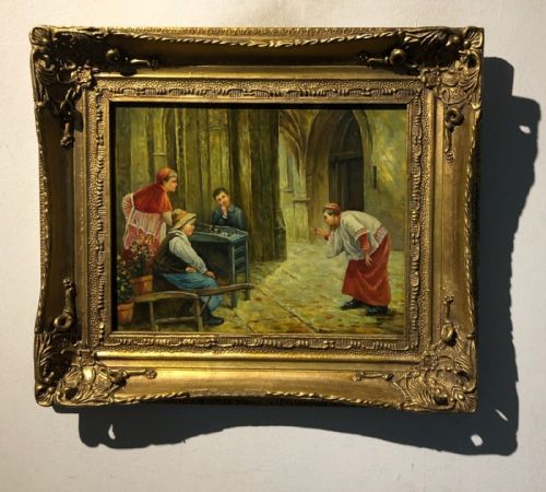 fig 1. Original mid 20th Century Continental School Vintage Oil Painting on Panel Games in a Church Interior in Ornate Frame
