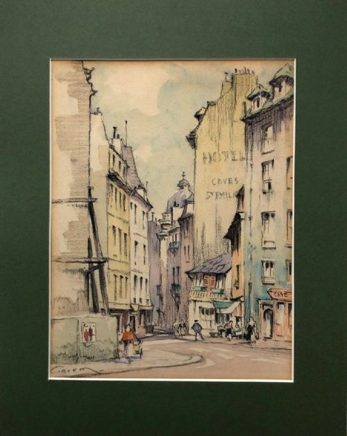 fig 1. Emerson H Groom Signed Original Mid 20th Century Vintage Watercolour Painting Latin Quarter Paris Street Study Cityscape