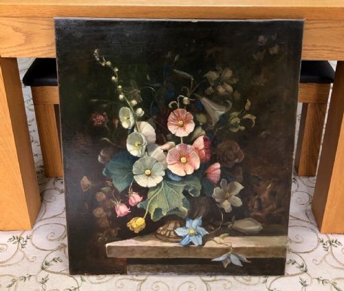 fig 1. Original Signed 19th Century English Antique Oil Painting on Canvas Still Life Study of Hollyhock Flowers in an Urn