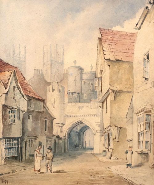 Original Signed Early 19th Century English Antique Watercolour Painting of Bootham Bar, York Historic Yorkshire Landscape
