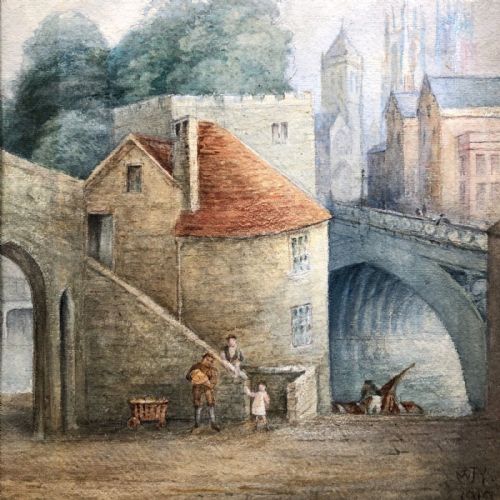 fig 1. Signed JWK 1919 (likely to be John Ward Knowles) Original Antique Watercolour Painting North Street Postern Tower in York Historical Yorkshire Landscape