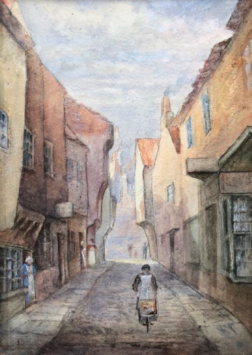Original Early 20th Century Antique Watercolour Painting Little Shambles York Street Scene Historical Yorkshire Landscape