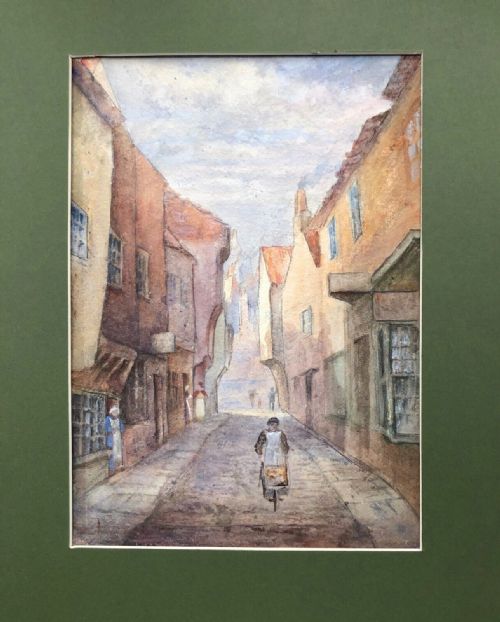 fig 1. Original early 20th Century Antique Watercolour Painting Little Shambles York Street Scene Historical Yorkshire Landscape