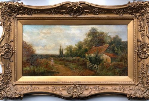 Edwin Cole Signed Original Early 20th Century Antique Oil Painting on Canvas Figures Near a Cottage English Rural Landscape Presented in an Ornate Gilt Frame