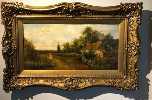 fig 1. Edwin Cole Signed Original Early 20th Century Antique Oil Painting on Canvas Figures near a Cottage English Rural Landscape presented in an Ornate Gilt Frame