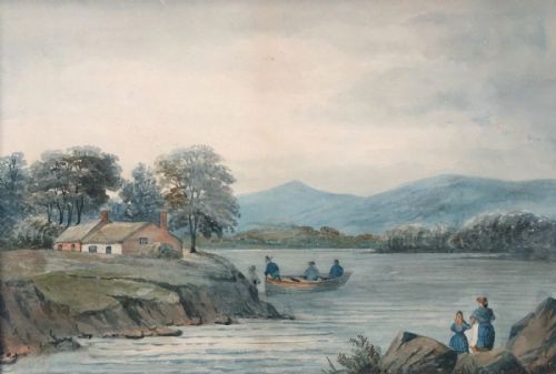 English School Original 19th Century Antique Watercolour Painting Group of Men Fishing in a Small Wooden Boat Lake Landscape