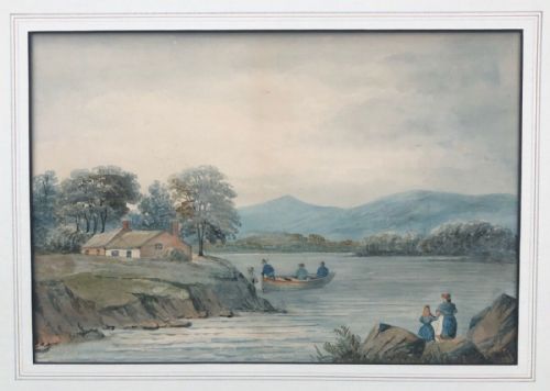 fig 1. English School Original 19th Century Antique Watercolour Painting Group of Men Fishing in a Small Wooden Boat Lake Landscape