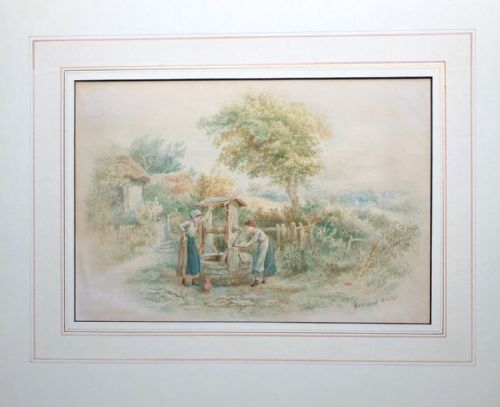 fig 1. Bernard Foster Signed Original 19th Century Victorian Antique Watercolour Painting Female Figures by a Well English Landscape