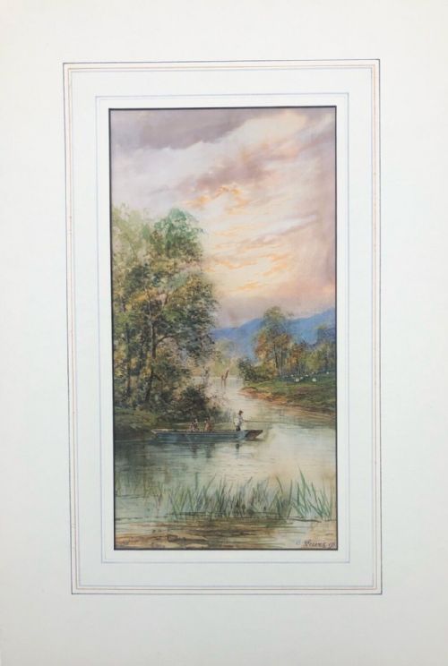 fig 1. E Lewis 1897 Signed Original 19th Century Antique Watercolour Painting Fishing on a River Landscape