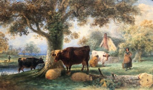 Aster R C Corbould 1854 Signed Original Mid 19th Century Antique Watercolour Painting Cattle Sheep English Landscape
