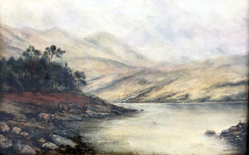 fig 1. Signed with Initials MEL & Dated 1913 original Early 20th Century Antique Oil Painting on Canvas Highland Cattle in Scottish Landscape