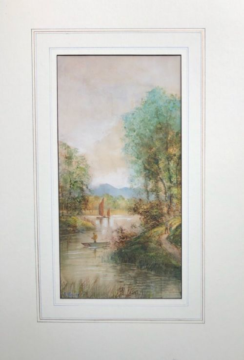 fig 1. Signed E Lewis & dated (18)97 Original Antique Watercolour Painting Fishing on a Lake English Landscape