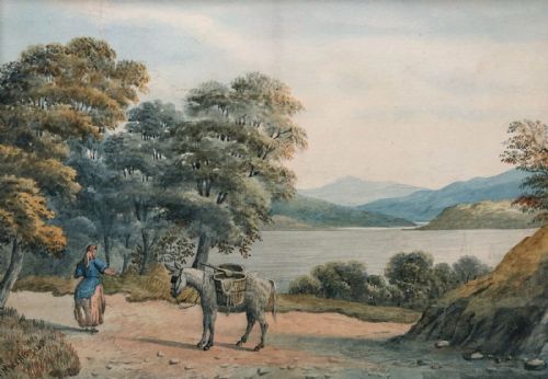 H Magenis 1885 Signed Original 19th Century Antique Watercolour Painting Donkey & Lakeside Scene, English Landscape