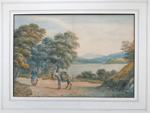 fig 1. H Magenis 1885 Signed Original 19th Century Antique Watercolour Painting Donkey & Lakeside Scene, English Landscape