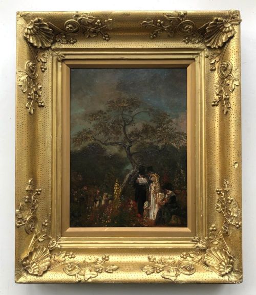 Original Early 19th Century Antique English School Oil Painting on Card Figures in a Garden Presented in Ornate Gilt Frame