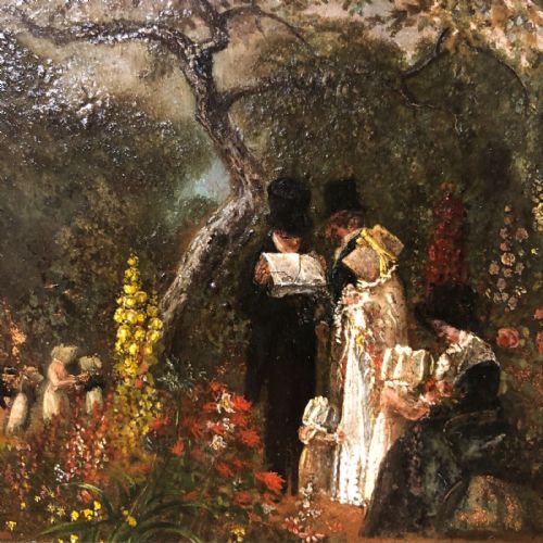 fig 1. Original Early 19th Century Antique English School Oil Painting on Card Figures in a Garden presented in Ornate Gilt Frame
