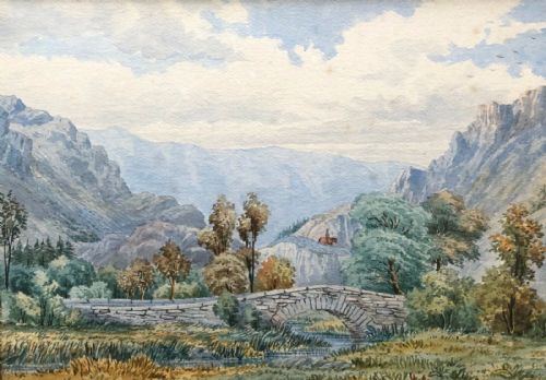fig 1. WT Longmire 1867 Signed Original 19th Century Antique Watercolour Painting Borrowdale Bridge Cumberland Old Cumbria Landscape.