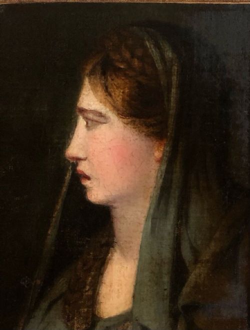 Circa 18th Century Original Antique Oil Painting on Canvas Laid Onto Card Side Profile Portrait of a Lady in Classical Veil & Dress