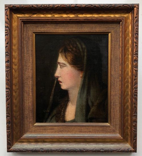 fig 1. Circa 18th Century Original Antique Oil Painting On Canvas laid onto Card Side Profile Portrait of a Lady in Classical Veil & Dress