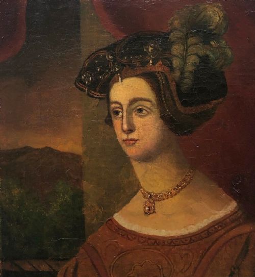 Circa C16th Original Antique Oil Painting on Canvas Portrait of a Medieval Lady in Tudor Style Clothing & Headdress
