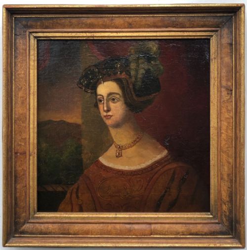 fig 1. Circa C16th Original Antique Oil Painting on Canvas Portrait of a Medieval Lady in Tudor Style Clothing & Headdress