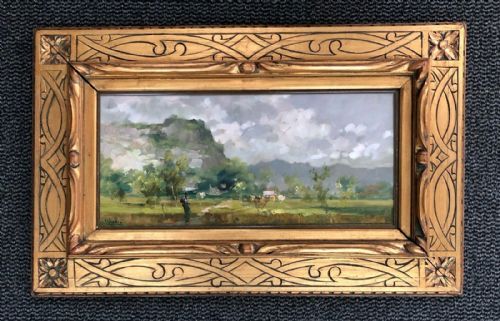 Carlo Follini (Circle Of) Original Signed Antique Italian Oil Painting on Board Cattle Landscape in Substantial Wooden Carved Glazed Frame