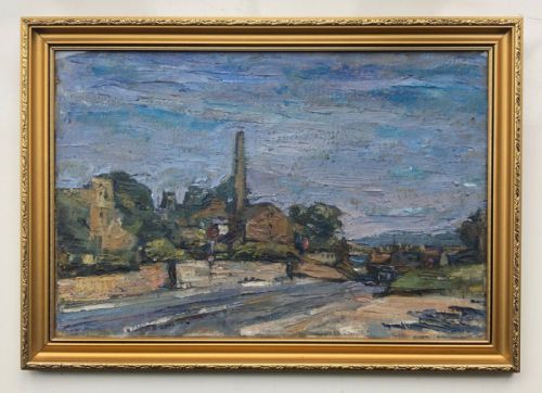 fig 1. British School Early 20th Century Original Impasto Oil Painting Townscape Church & Chimney Tower Landscape