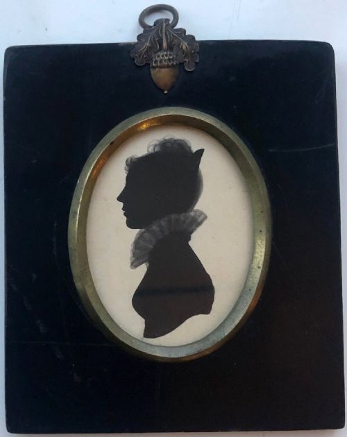 Original Early 19th Century Victorian Antique Miniature Silhouette Bust of a Lady with Lace Collar