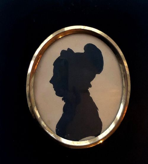 Original 19th Century Antique Miniature Silhouette Bust Portrait of a Lady Wearing a Bonnet