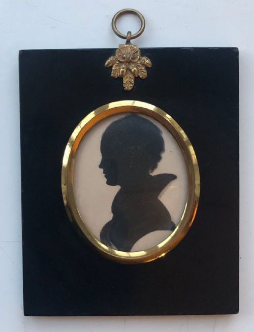 Original 19th Century Victorian Antique Miniature Silhouette Bust of Lady Black Paper with Watercolour Wash
