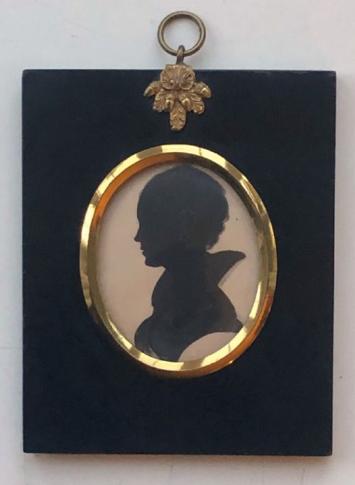 fig 1. Original 19th Century Victorian Antique Miniature Silhouette Bust of Lady Black Paper with Watercolour Wash