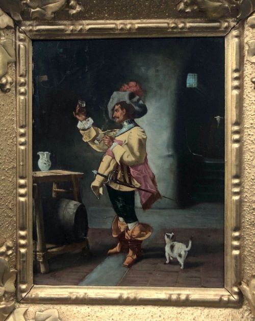 Original 19th Century Antique Oil Painting on Wood Panel Cavalier Drinking in Interior Scene