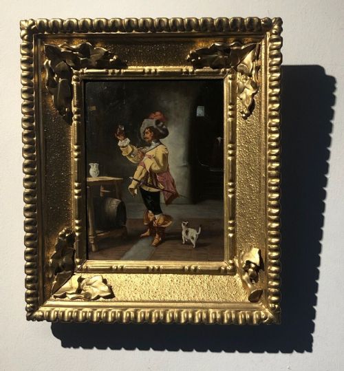 fig 1. Original 19th Century Antique Oil Painting on Wood Panel Cavalier Drinking in Interior Scene